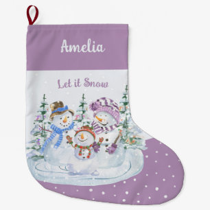 Låt det snöa Lycklig Snögubbe Family Lavender Stor Julstrumpa
