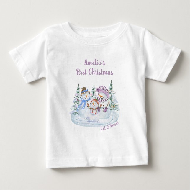 Låt det snöa Lycklig Snögubbe Flickans första jul T Shirt (Framsida)