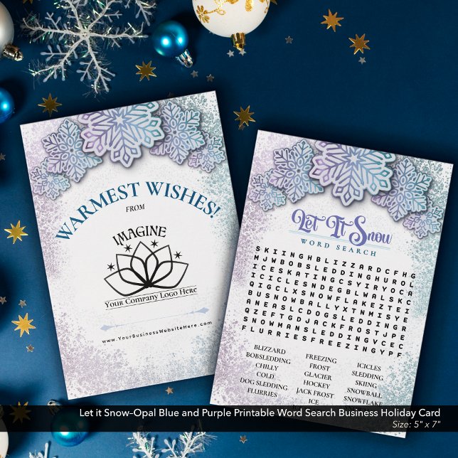 Låt det snöa-opal utskrivbar affärssökning Ord Julkort (Let it Snow–Opal Blue and Purple Printable Holiday Word Search–Business Promotional Piece.)