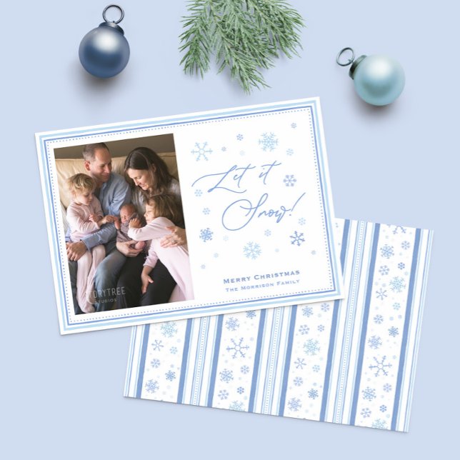 Låt det snöa Photo God jul Photo Julkort (Calligraphy Let It Snow photo Christmas Cards with regency stripes and snowflakes pattern reverse)