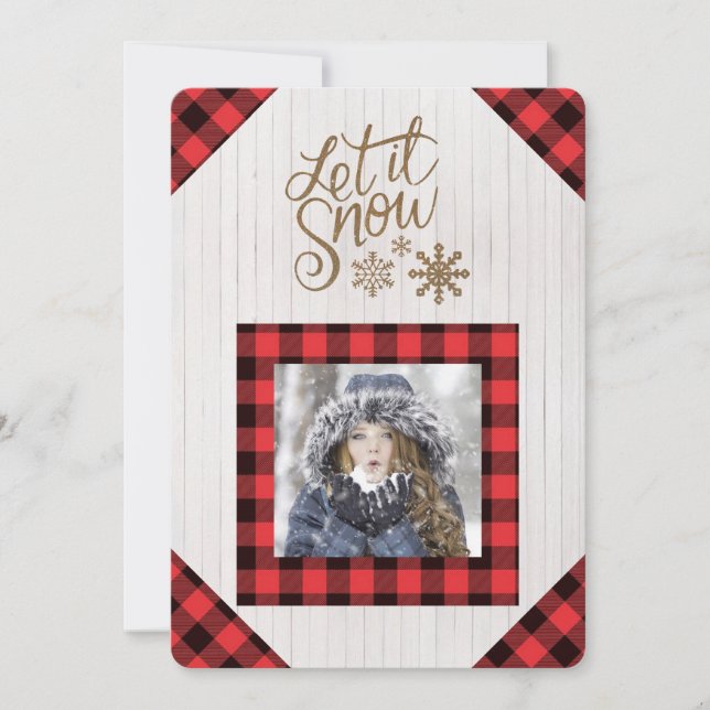 Låt det snöa Röd Buffalo-ruta Foto Julkort (Framsida)