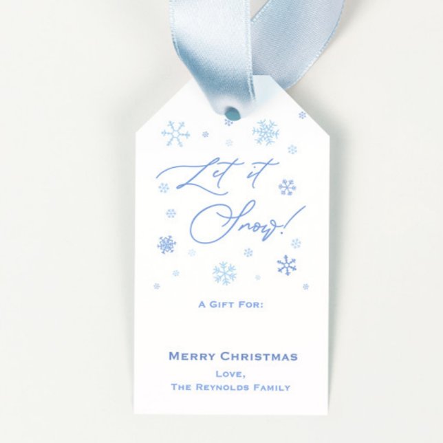 Låt det snöa Snöflingor God jul Presentetikett (Let It snow blue and white snowflakes merry christmas gift tags with regency stripes backer)