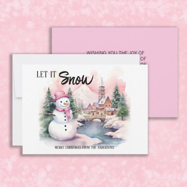 Låt det snöa Snögubbe jul Helgdag Julkort ("Let it snow" pink snowman Christmas/holiday greeting card personalized with your own text. )