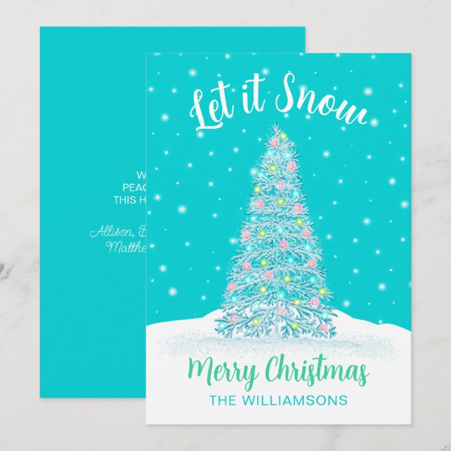 Låt det snöa Teal Aqua Decorated Julgran Julkort (Fram/baksida)