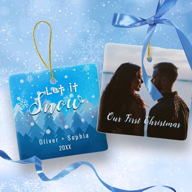 Låt det snöa vår första julblå julgransprydnad keramik (Skapare uppladdad)