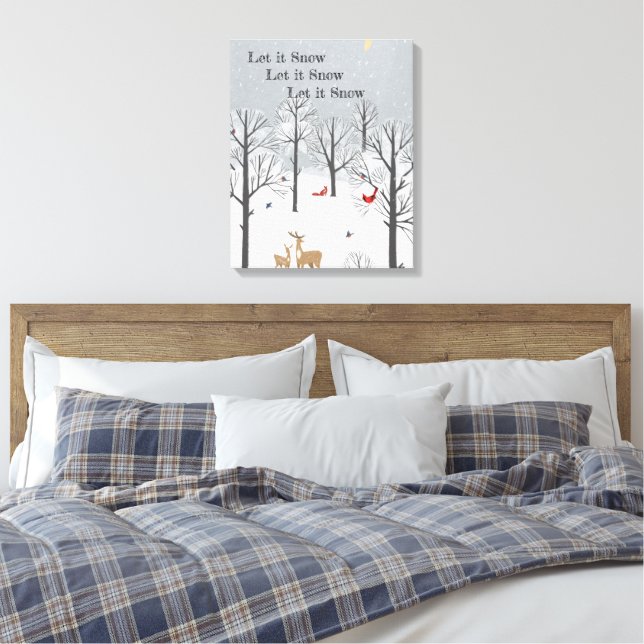 Låt det snöa - Vinterblommor, Hjort och fågelkanv Canvastryck (Insitu (sovrum))