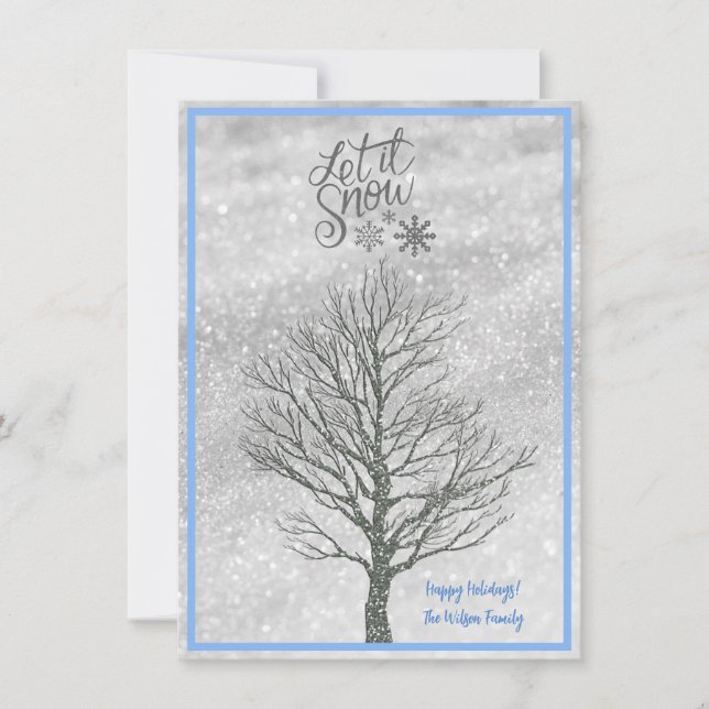 Låt det Snöflingor Silver-Helgdag-kortet för Träd Julkort (Framsida)