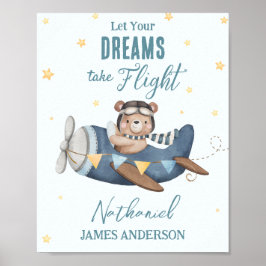 Låt din dröm flyga Cute Bear Blått flygplan Poster