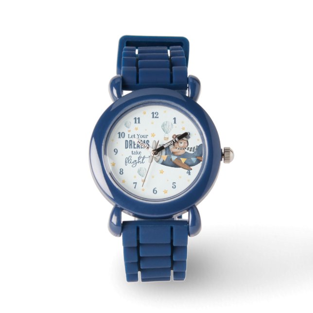 Låt din dröm flyga Cute Bear Blått plan  Armbandsur (Framsida)