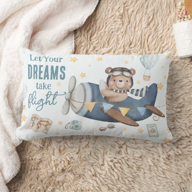 Låt din dröm flyga Cute Bear Blått Plan  Lumbarkudde (Filt)