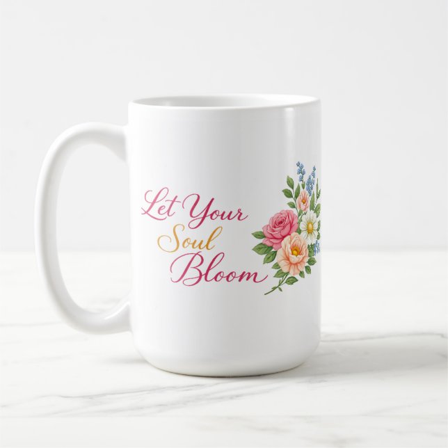 Låt Din Själ Bloomma – Minimalistisk Vit Inspirati Kaffemugg (Vänster)