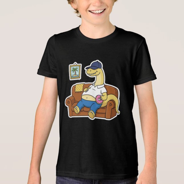 Lat dinosaur soffa potatis munk avkopplande teckna t shirt (Framsida)