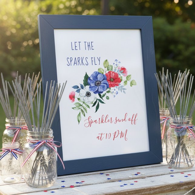 Låt gnistorna flyga Röd Vit och Blå Blomskylt Poster (Red White & Blue Floral Wedding Shower Sparkler Table Sign by Darling & May. Printed or Digital.)