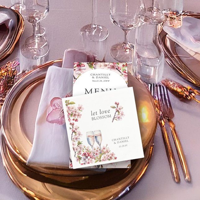 Låt Kärlek Blommar Rosa Cherry Träd Flowers Bröllo Pappersservett (Let love blossom, spring wedding napkins from the Cherry Blossom wedding collection by Darling & May)