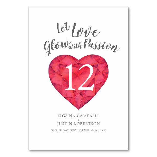 Låt kärlek glöda med passionsvattenfärg ruby red bordsnummer (Framsidan)