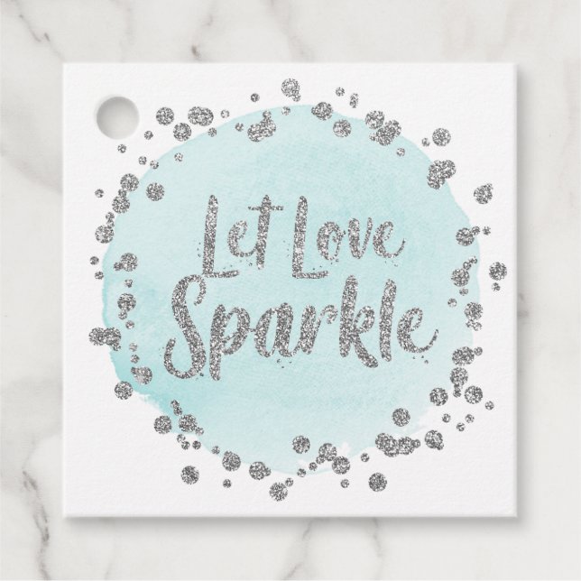 Låt Kärlek Gnistra Silver-konfetti på blå Bröllop Gåvor Etiketter (Framsida)