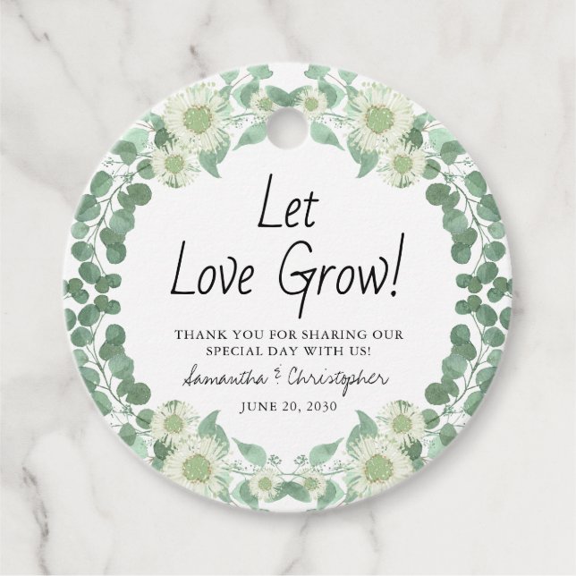 Låt Kärlek odla eukalyptus Foliage Tack Bröllop Gåvor Etiketter (Framsida)