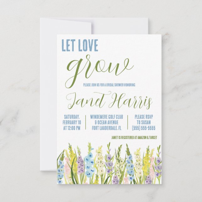 Låt Love Grow, Pastel Blue Gladiolus Bridal Shower Inbjudningar (Framsida)