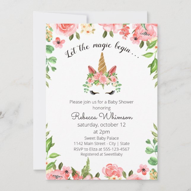 Låt Magic börja... Cute Unicorn Baby Shower Inbjudningar (Framsida)