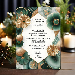 Låt Marble Monstera Emerald Grönt och Guld Bröllop Inbjudningar