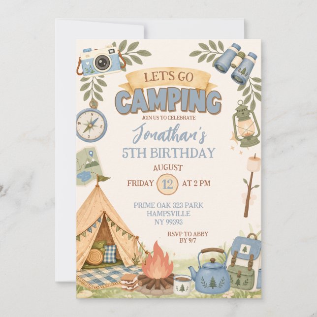 Låt oss åka på camping födelsedag inbjudningar (Framsida)
