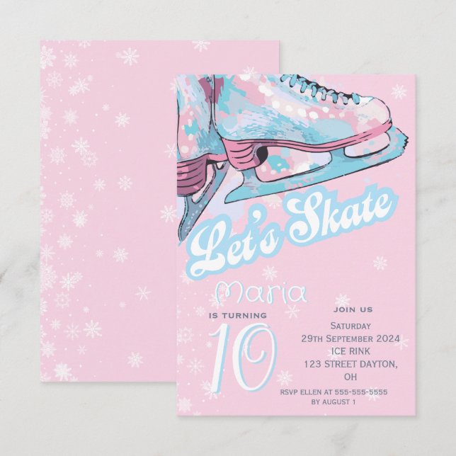 "Låt oss åka skate" konståknings födelsedagsfest Inbjudningar (Fram/baksida)