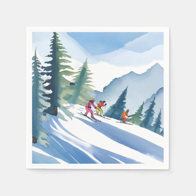 Låt oss åka skidor | Vinter Akvarell Pappersservett (Framsidan)