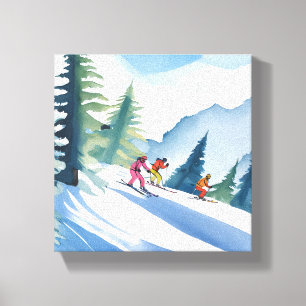 Låt oss åka skidor Vinter Watercolor Canvastryck