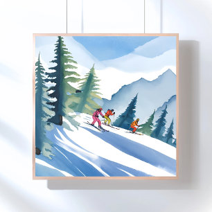 Låt oss åka skidor   Vintervattenfärg Poster
