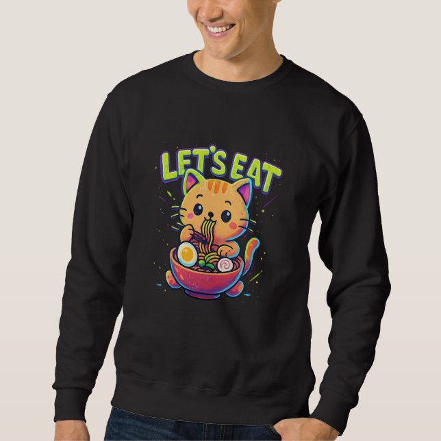 Låt oss äta Ramen Söt Kawaii Katt Lång Ärmad Tröja (Framsida)