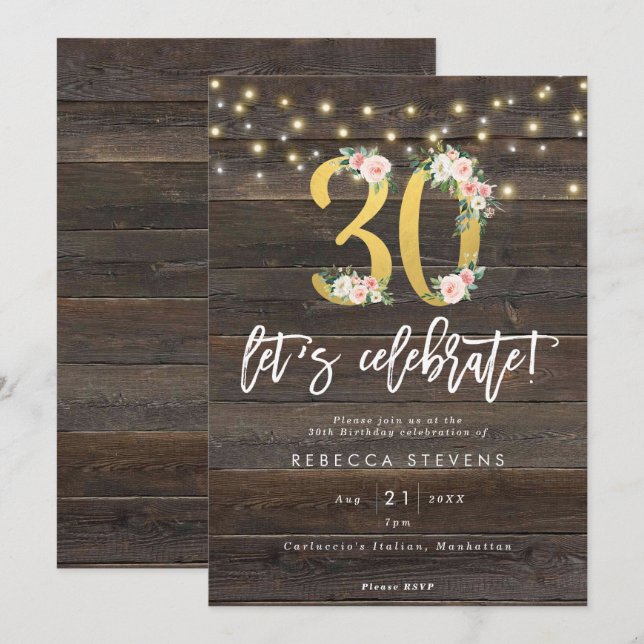 låt oss av rustiskt trä fira 30års födelsedag inbjudningar (Fram/baksida)