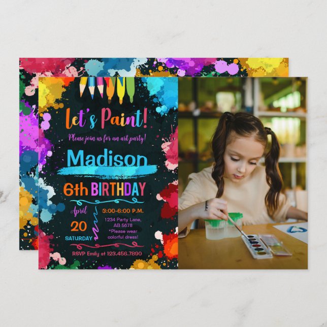 Låt oss Black Photo Paint Art Födelsedagsfest Inbjudningar (Fram/baksida)