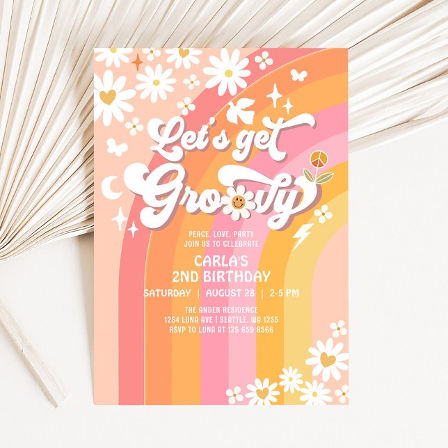 Låt oss bli groovy Daisy Hippie födelsedag Inbjudningar (Skapare uppladdad)