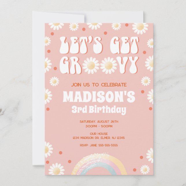 Låt oss bli groovy Daisy Rainbow 70-tals retro föd Inbjudningar (Framsida)