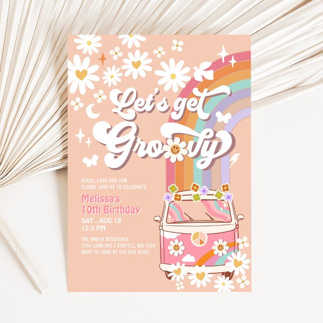 Låt Oss Bli Groovy Rosa Groovy Skåpbil Daisy Födel Inbjudningar (Skapare uppladdad)