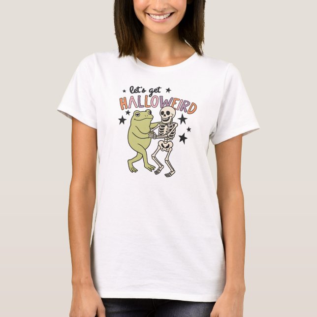 "Låt oss bli Halloweird" Groda & Skelett Dansar T Shirt (Framsida)