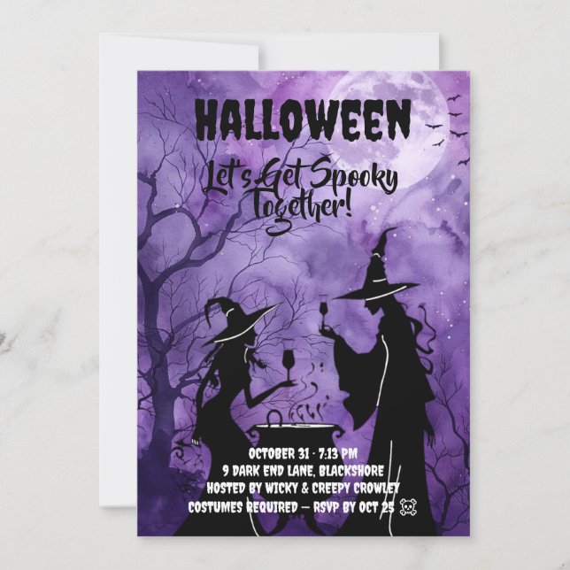 Låt oss bli läskiga – Lila Halloween-inbjudan Spara Datumet (Framsida)