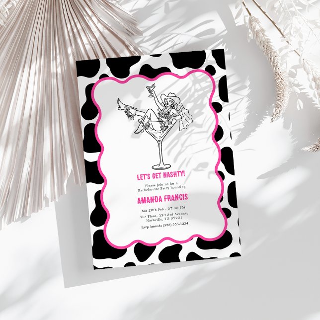 Låt Oss Bli Nashty Ko Tryck Nashville Sängvätning Inbjudningar (Let’s Get Nashty Cow Print Nashville Bachelorette Invitation)