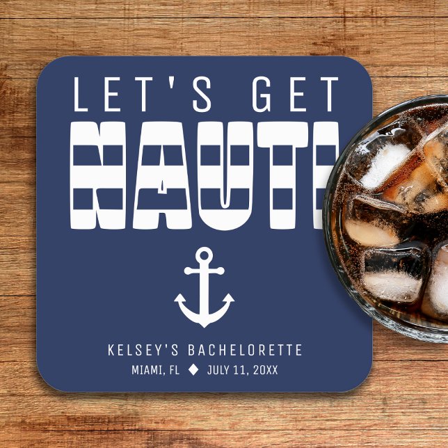 Låt oss bli naughty Blå Sängkantsfest Underlägg Papper Kvadrat (Let's Get Nauti Bachelorette Party Square Paper Coaster
)
