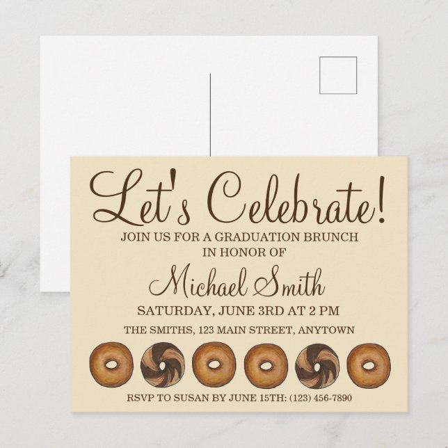 Låt oss Celebrate Bagel Studentfest Brunch Inbjudan Vykort (Fram/baksida)