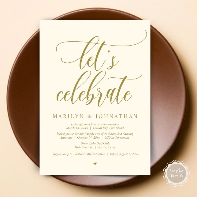 Låt oss Celebrate Bröllop Elopement Dinner Dancing Inbjudningar (Let's Celebrate Wedding Elopement Dinner Party Lunch BrunchDancing Invitation Card PDF, Yellow Gold)