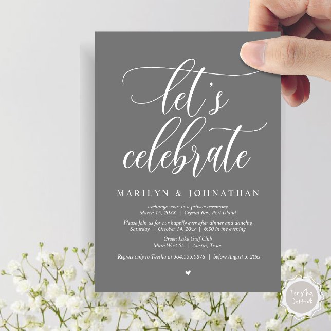 Låt oss Celebrate Bröllop Elopement Dinner Dancing Inbjudningar (Let's Celebrate Wedding Elopement Dinner Party Lunch BrunchDancing Invitation Card PDF, Dark Grey)