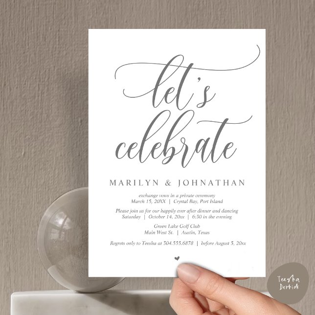 Låt oss Celebrate Bröllop Elopement Dinner Dancing Inbjudningar (Let's Celebrate Wedding Elopement Dinner Party Lunch BrunchDancing Invitation Card PDF, Dark grey)