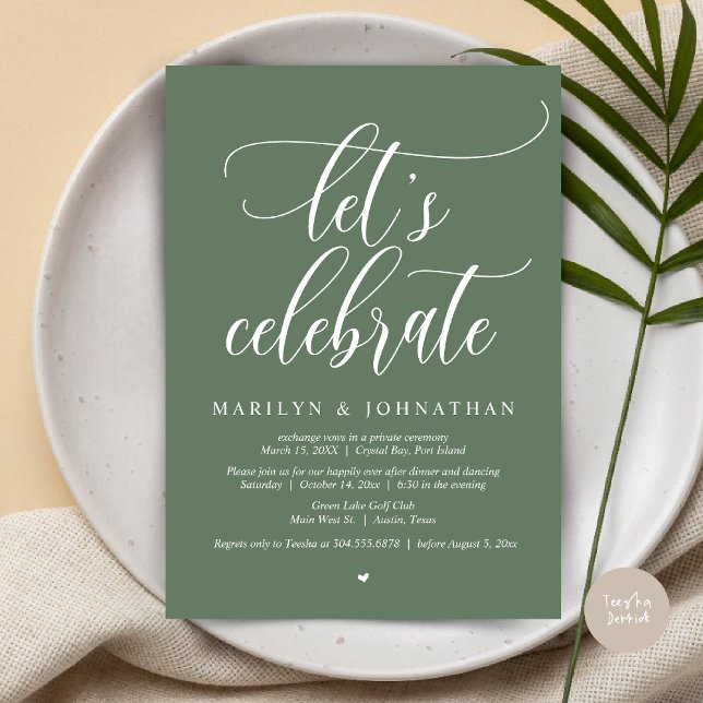 Låt oss Celebrate Bröllop Elopement Dinner Dancing Inbjudningar (Let's Celebrate Wedding Elopement Dinner Party Lunch BrunchDancing Invitation Card PDF, Sage Green)
