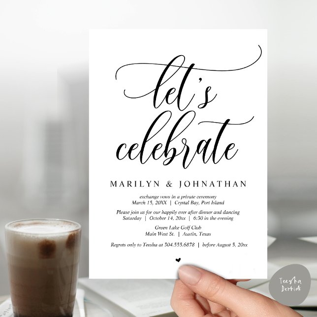 Låt oss Celebrate Bröllop Elopement Dinner Dancing Inbjudningar (Let's Celebrate Wedding Elopement Dinner Party Lunch BrunchDancing Invitation Card PDF, Black White)