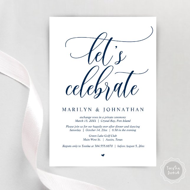 Låt oss Celebrate Bröllop Elopement Dinner Dancing Inbjudningar (Let's Celebrate Wedding Elopement Dinner Party Lunch BrunchDancing Invitation Card PDF, Navy Blue)
