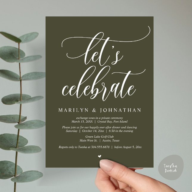 Låt oss Celebrate Bröllop Elopement Dinner Dancing Inbjudningar (Let's Celebrate Wedding Elopement Dinner Party Lunch BrunchDancing Invitation Card PDF, Olive Green)