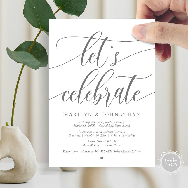 Låt oss Celebrate Bröllop Elopement Party, marinbl Inbjudningar (Let's Celebrate Wedding Elopement Dinner Lunch Brunch Party Invitation Card, PDF, in Dark Grey)