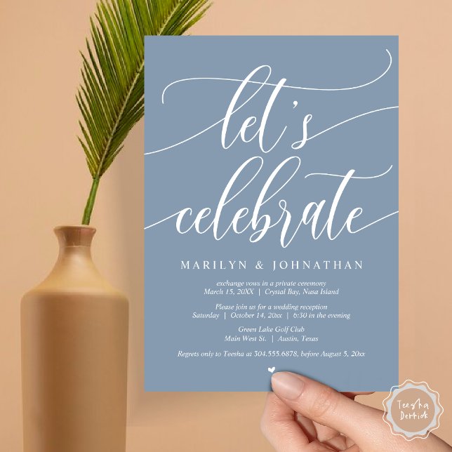 Låt oss Celebrate Bröllop Elopement Party, marinbl Inbjudningar (Let's Celebrate Wedding Elopement Dinner Lunch Brunch Party Invitation Card, PDF, in Dusty Blue)