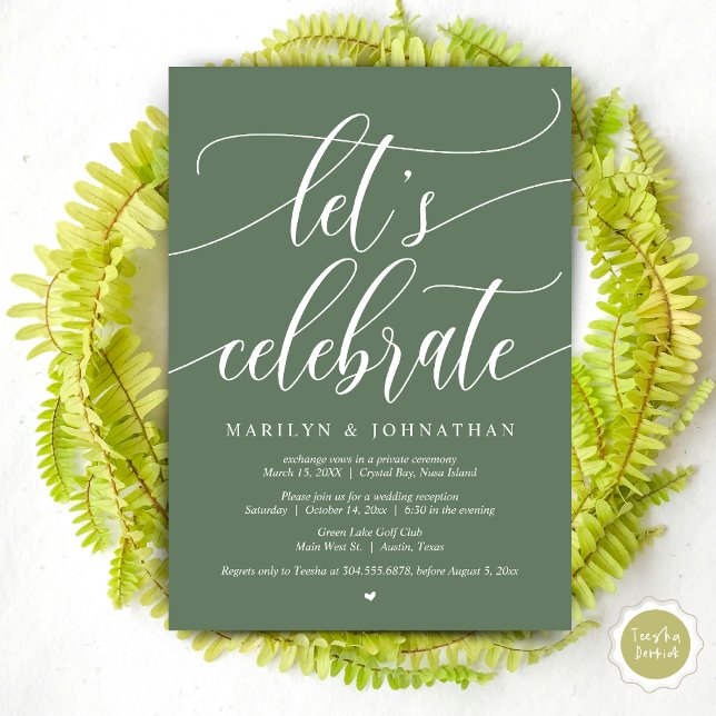 Låt oss Celebrate Bröllop Elopement Party, marinbl Inbjudningar (Let's Celebrate Wedding Elopement Dinner Lunch Brunch Party Invitation Card, PDF, in Forest Sage)